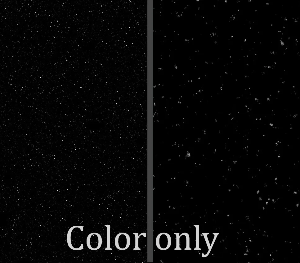 只用于颜色通道的雪噪波 灰度预览图上标注 Color Only:细密的雪粒噪波只提供颜色变化,不参与几何高度