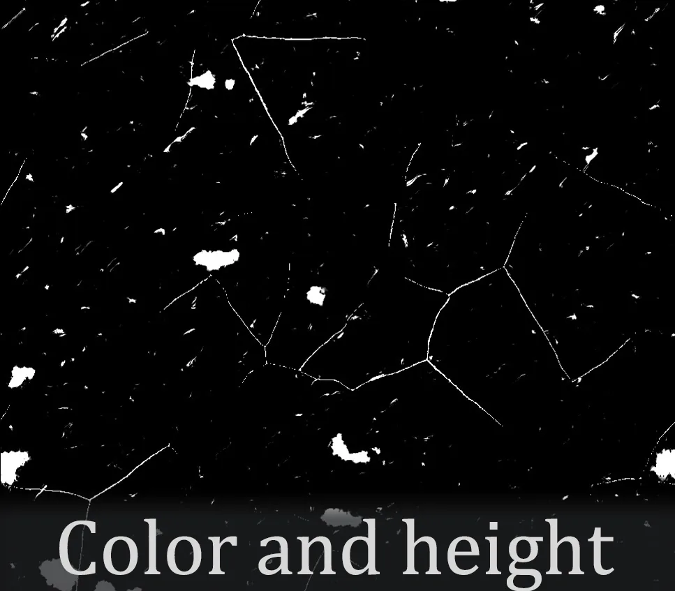 同时作用于颜色与高度的裂纹 灰度预览图上标注 Color And Height:白色裂纹网络同时参与颜色与高度信息