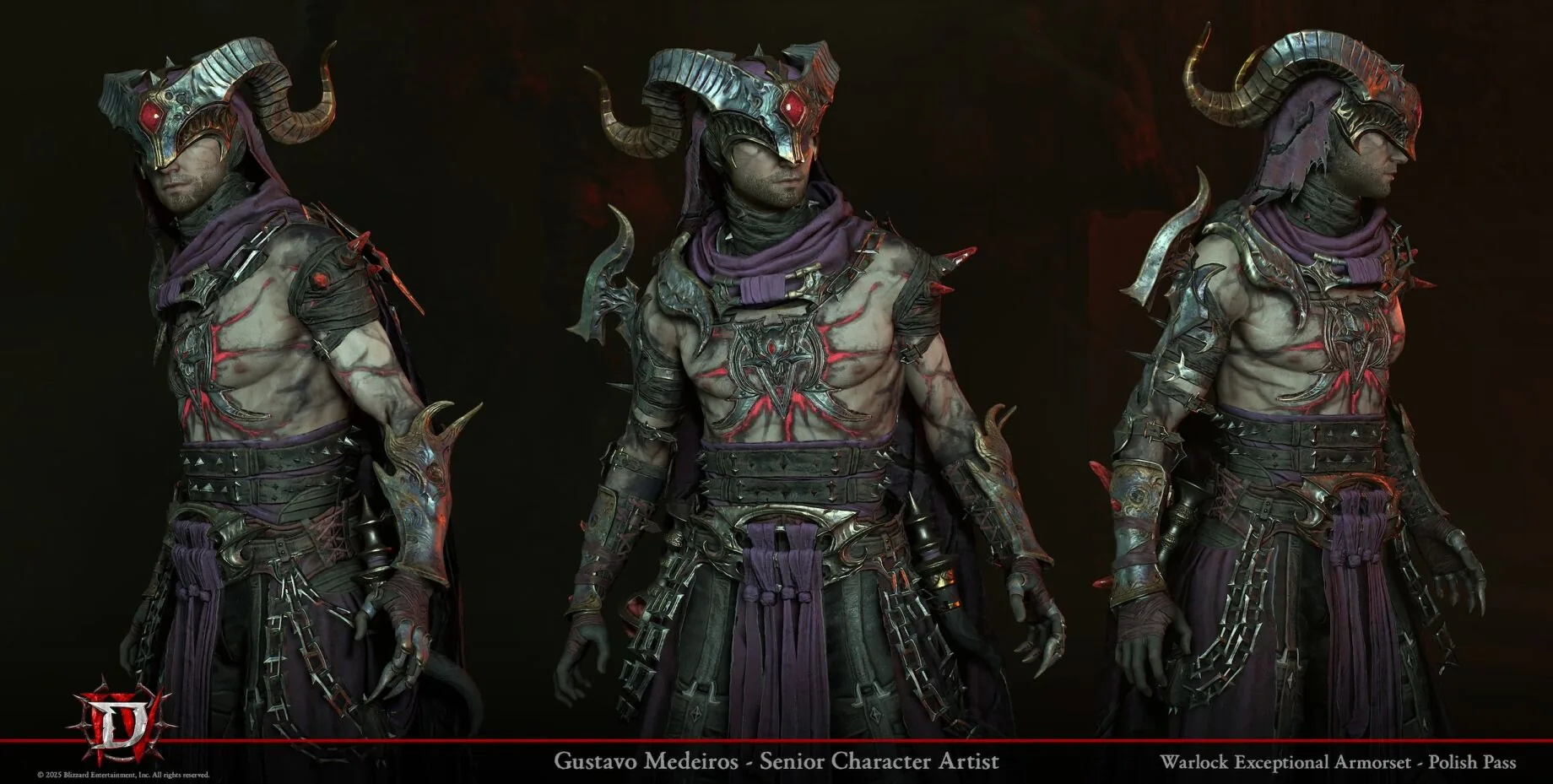 术士(Warlock)套装三视图 角色三视图:身穿 Warlock Exceptional Armorset 的男性角色,套装镶有金属护甲与红色纹路,配紫色兜帽与长袍,头戴带角的头盔