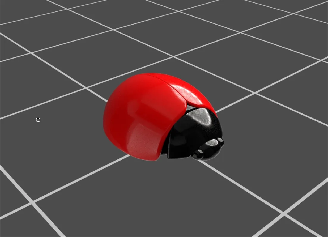 单只瓢虫的 SDF 模型预览 Substance 3D Designer 的三维视口中,一只红色瓢虫模型立在灰色网格地面上