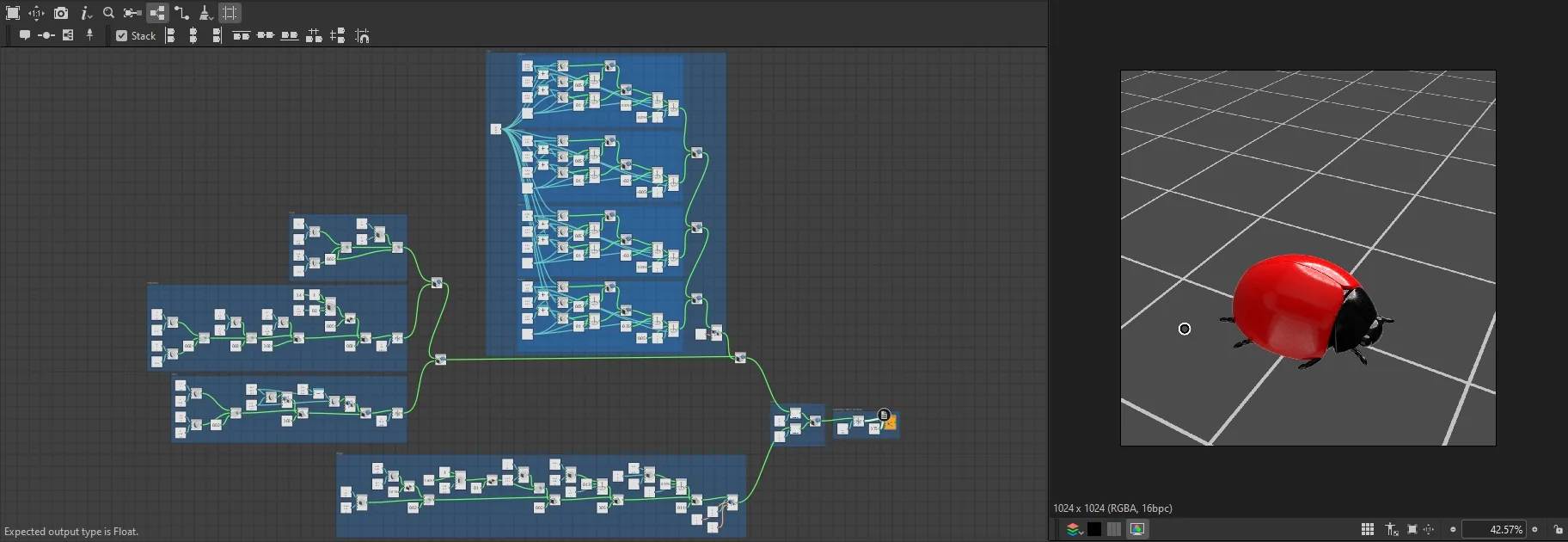 瓢虫最终的 SDF 节点图 Substance 3D Designer 中瓢虫完整的 Sdf 节点图,右侧为瓢虫模型的三维预览