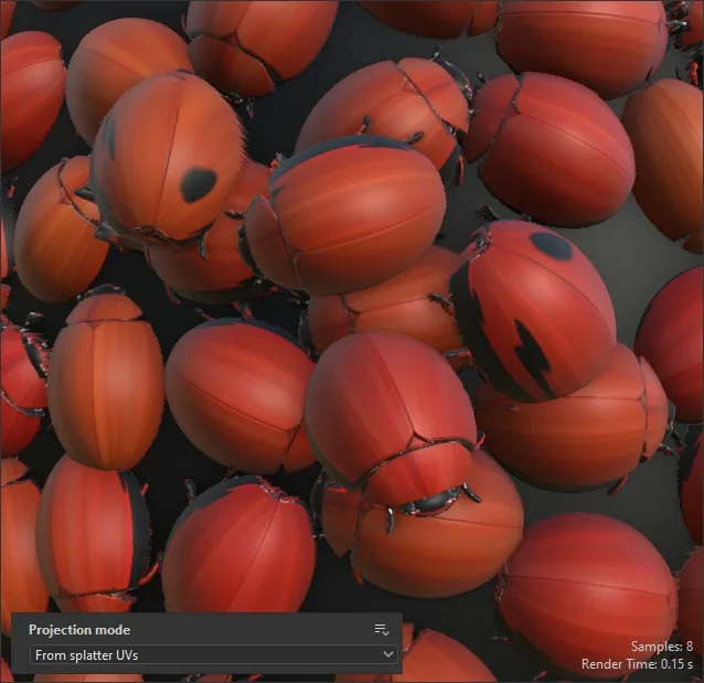 使用散布 UV 的投影模式 橙红色瓢虫群渲染画面,左下角面板显示 Projection Mode 为 From Splatter Uvs
