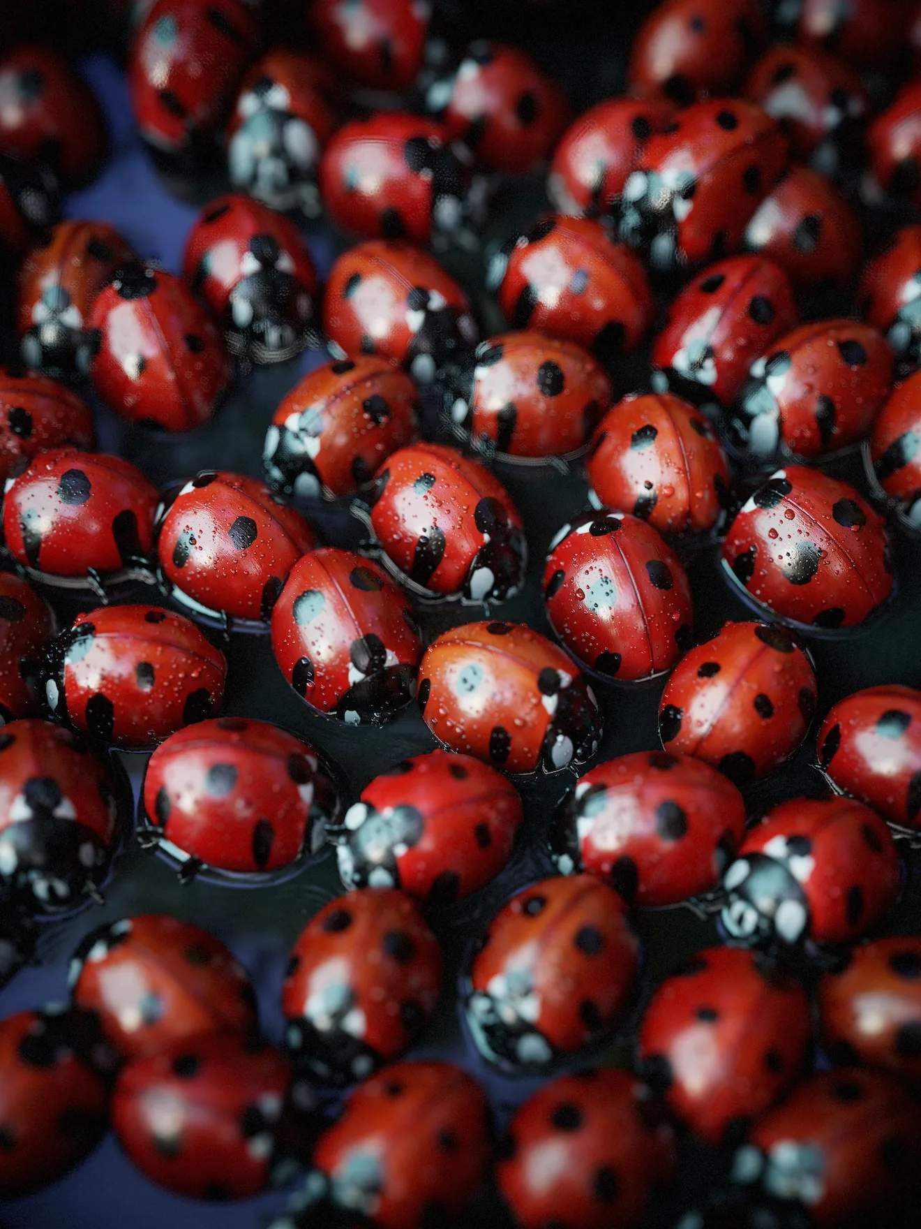 瓢虫材质成品特写 成片的红色瓢虫铺满画面,深色背景衬托出湿润的甲壳高光与黑色斑点,为 Substance 3D Designer 制作的瓢虫材质最终渲染