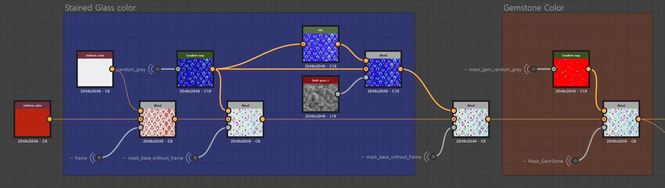 用 Gradient Map 统一调色 Substance 3D Designer 节点图截图:蓝灰色底色的节点网络,把遮罩接入 Gradient Map,通过编辑一条渐变就能调整整体配色