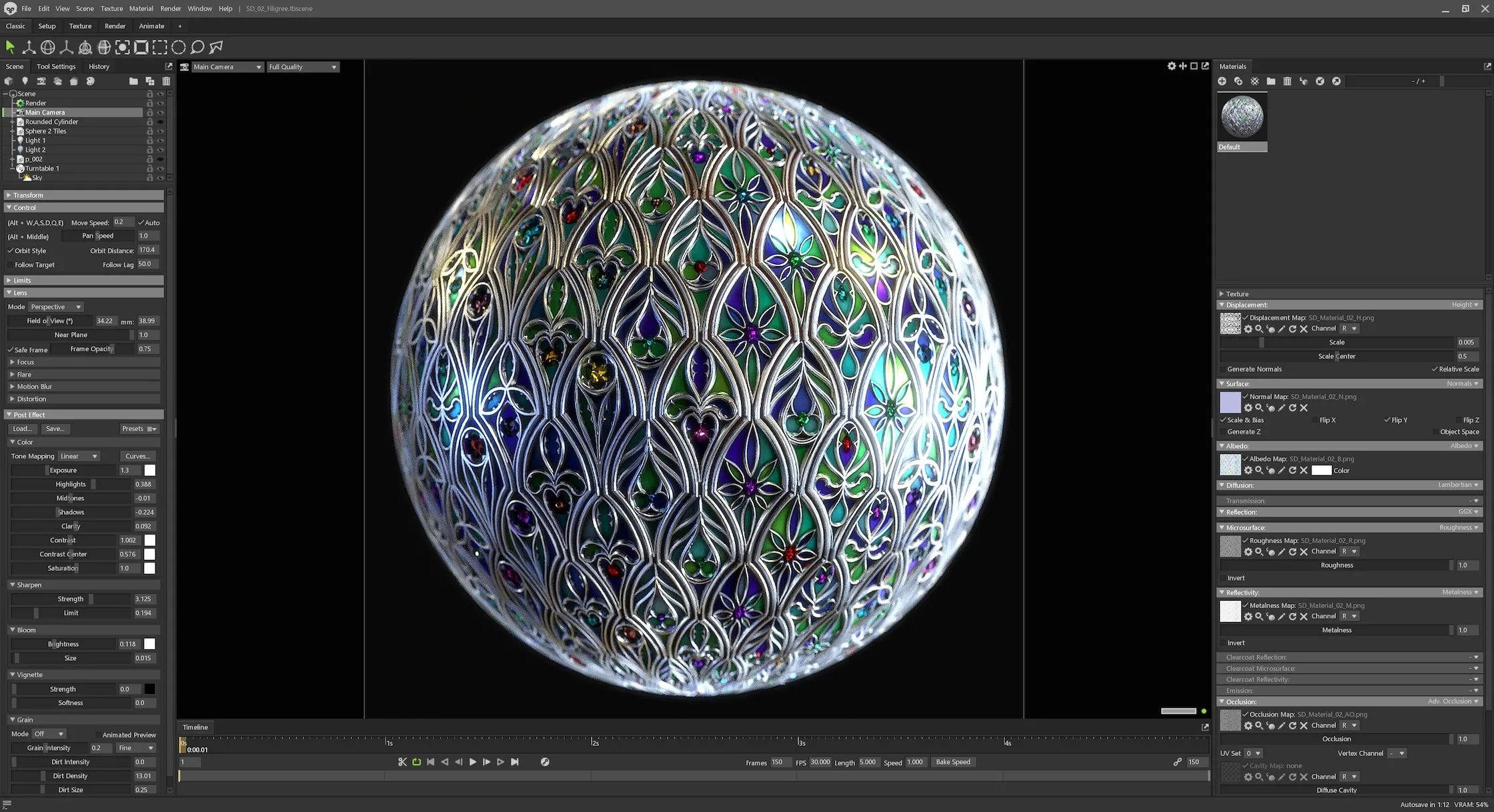 Marmoset Toolbag 中的最终渲染 Marmoset Toolbag 界面截图:画面中央是一个球形金属花丝装饰,蓝绿色金属线条交织成镂空纹样,格子里嵌着彩色仿玻璃与宝石,右侧是 Sky 灯光与渲染设置面板