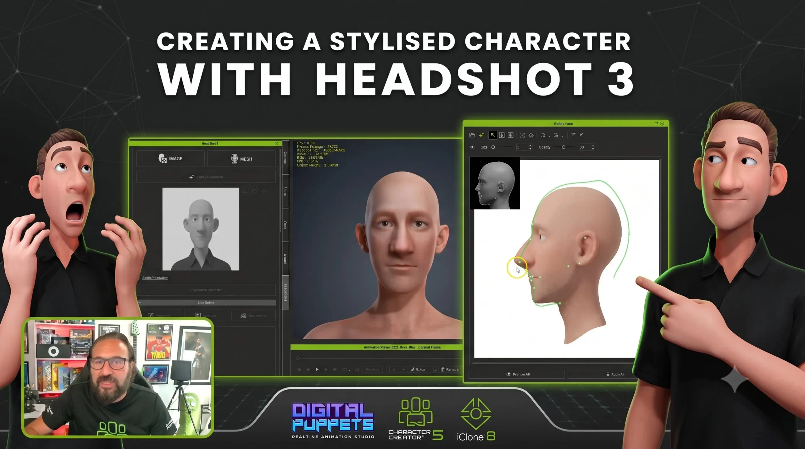 教程片头 教程封面,标题为 Creating A Stylized Character With Headshot 3,画面中有几张风格化角色头部与讲师画面