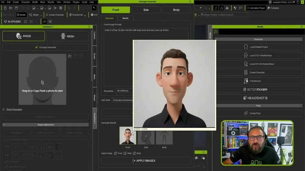 从照片生成头部 Character Creator 5 中导入照片参考并生成头部模型,右下角是讲师摄像头画面