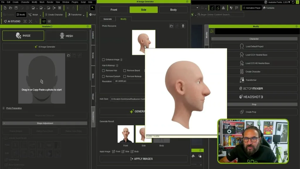 参考素材与生成结果 Character Creator 界面中左侧是参考照片,右侧显示生成的头部模型