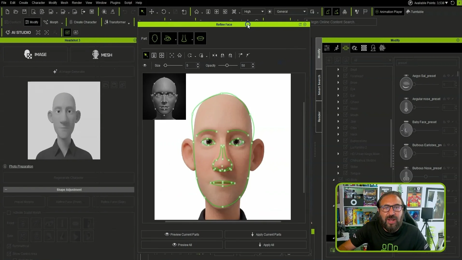 Refine Face 调整面板 Headshot 3 的 Refine Face 面板,正视图与侧视图旁排列着形态滑杆