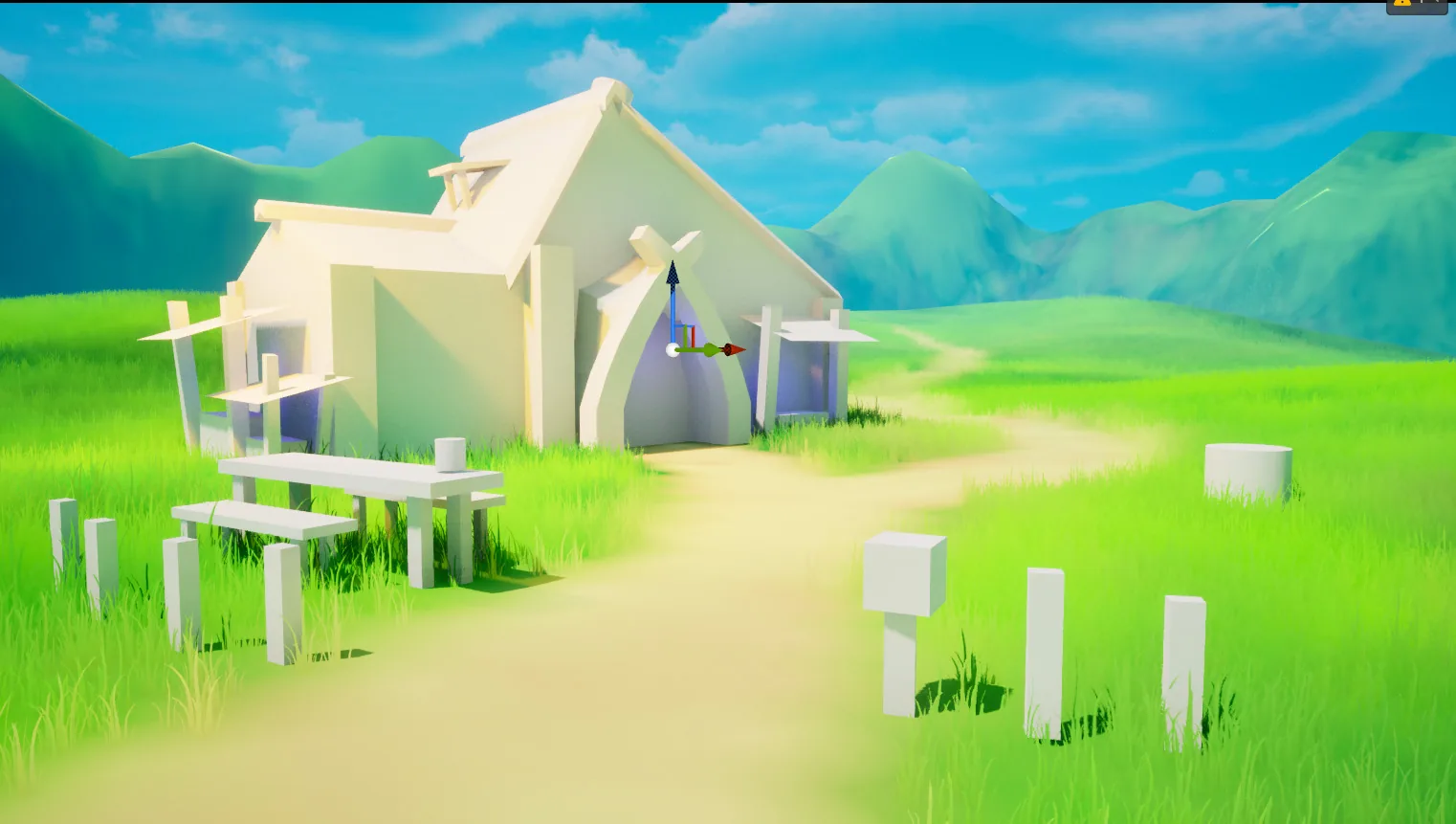 Unreal Engine 中的场景搭建(Blockout) Unreal Engine 视口截图:场景还处于白模阶段,用简单几何体搭建出长屋、小路、长凳和栅栏立柱,周围是绿色草地、远山与蓝天