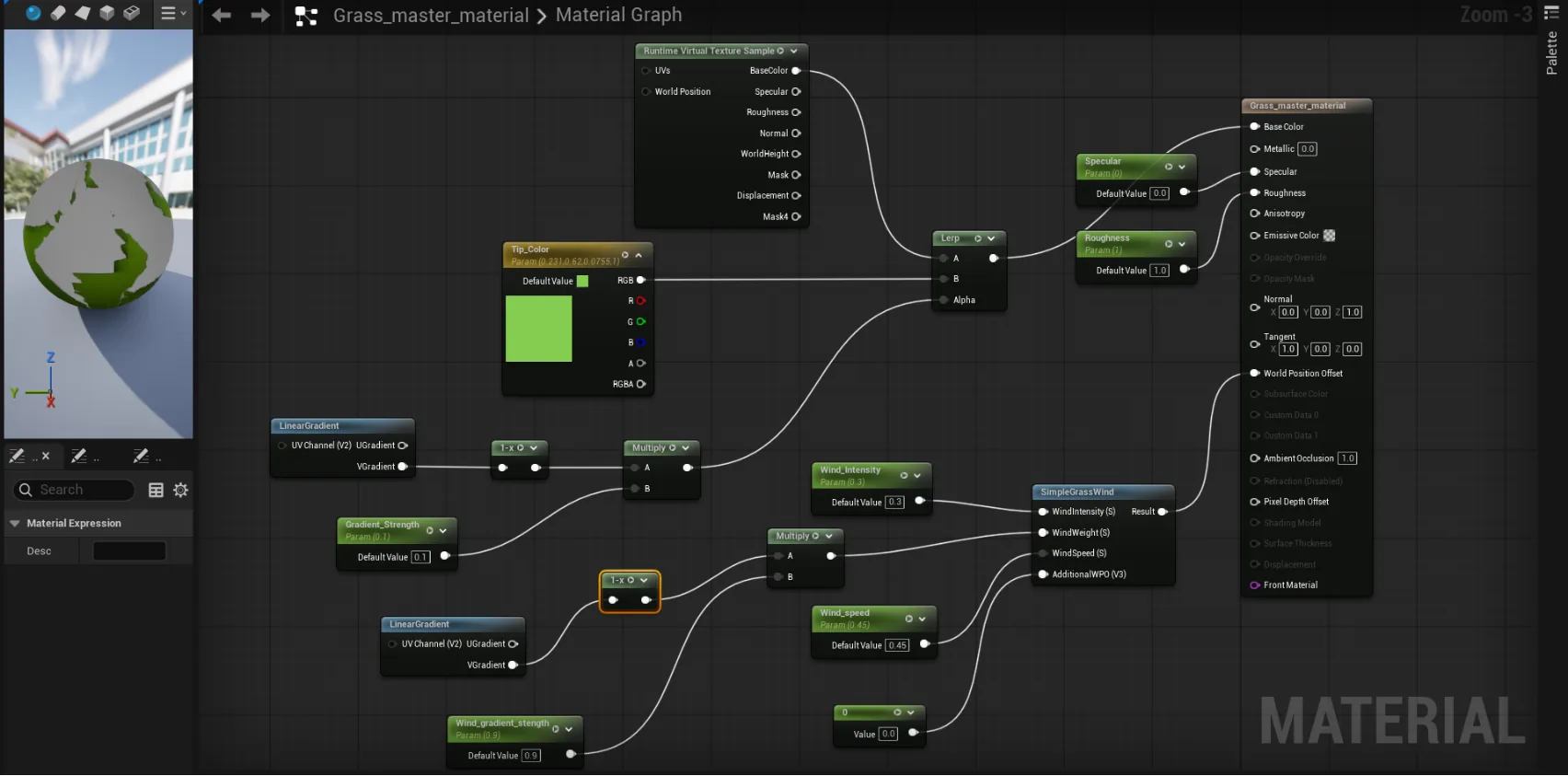草地材质与 Runtime Virtual Texture Unreal Engine 材质图截图:Grass_Master_Material 通过 Runtime Virtual Texture Sample 节点读取地形信息,再与 Uv 通道、遮罩、Simplegrasswind 与 World Position Offset 节点混合输出