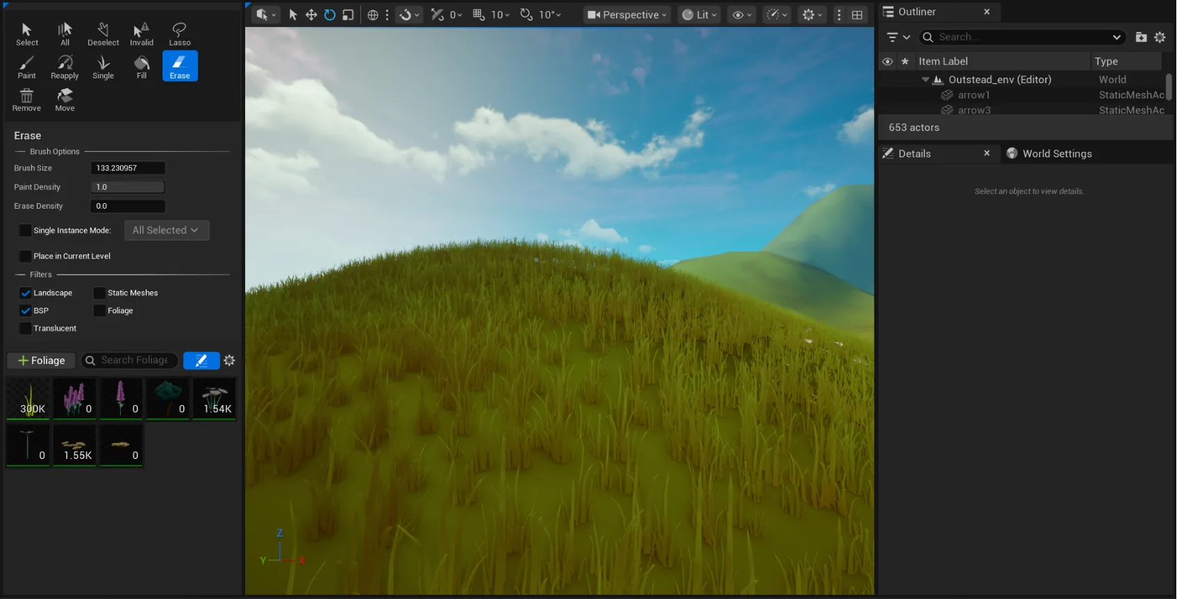 在 Unreal Engine 中铺设草地 Unreal Engine 视口截图:Outstead_Env 场景中一座覆满青草的小山丘,左侧是 Landscape 与 Foliage 绘制面板,列出多种草与植被的实例数量,右侧是 Outliner 大纲面板