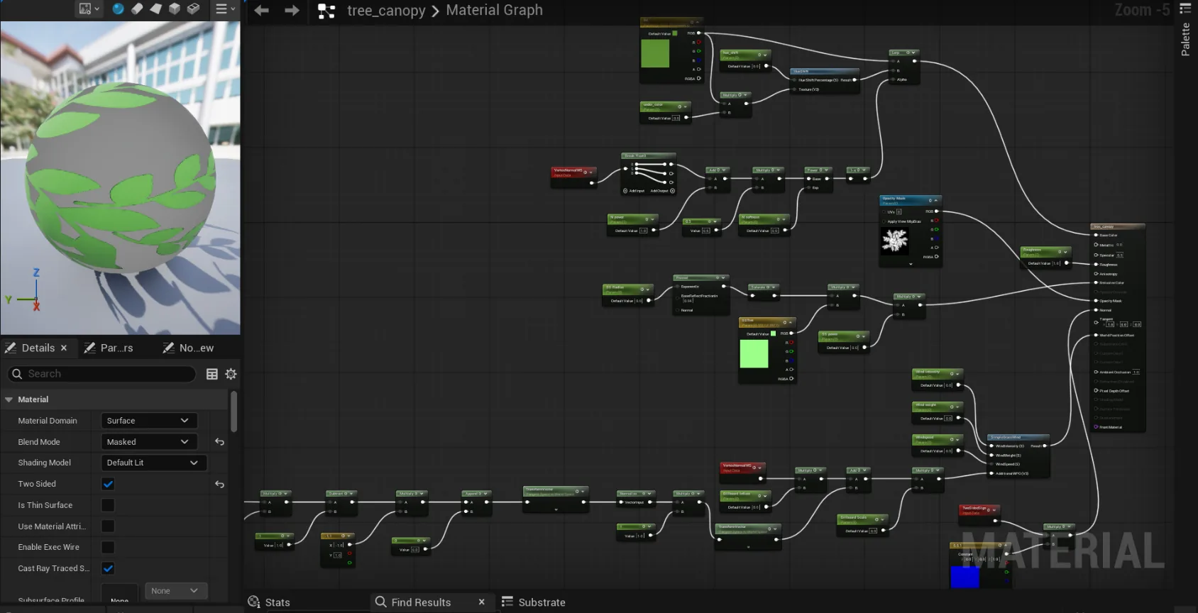 树冠材质(tree_canopy) Unreal Engine 材质图截图:Tree_Canopy 材质由大量叶子纹理、颜色与遮罩节点组合而成,左侧预览球上贴着几片风格化的绿色树叶
