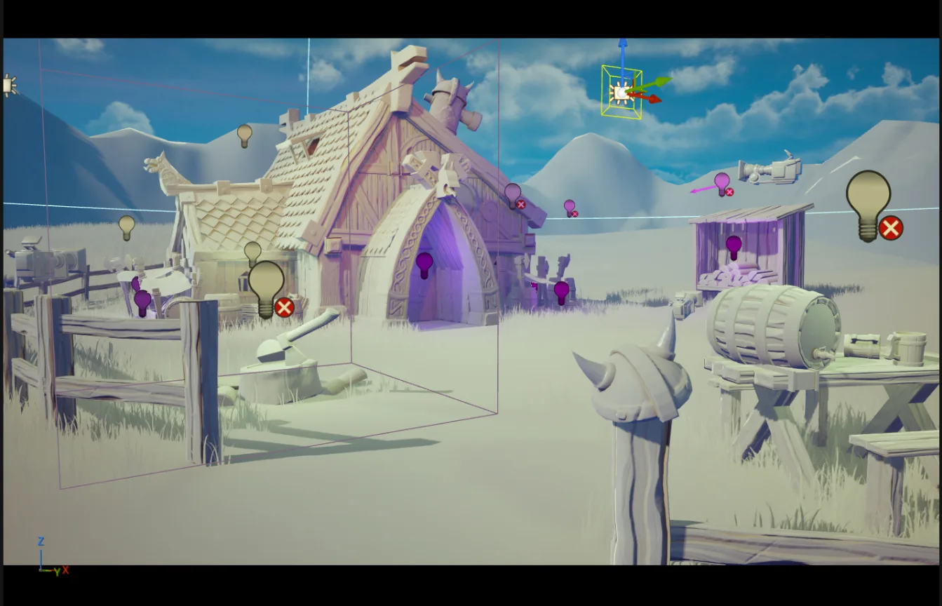 主摄像机视角下的场景搭建与灯光布置 Unreal Engine 视口截图:从主摄像机视角看到尚未上色的场景,长屋、栅栏、木桶、长桌与道具已经各就各位,画面中散布着点光源图标与一盏被禁用的灯光