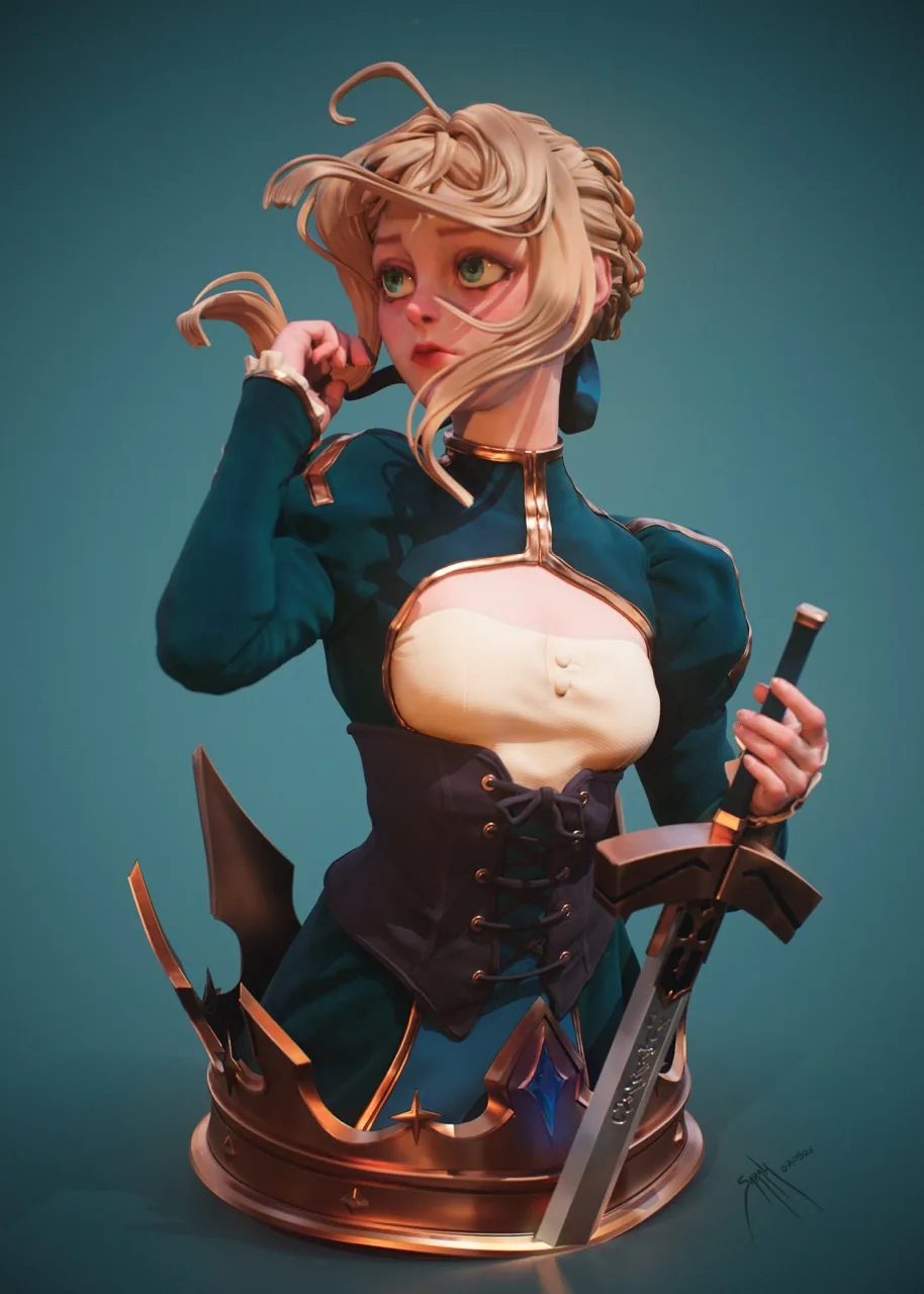 Saber 3D 半身像成品渲染 Bjd 球形关节人偶风格的 Saber 3D 半身像成品渲染:金发少女身着蓝色礼服、系紫色束腰,右手撩发、左手扶剑,立于金色王冠底座之上