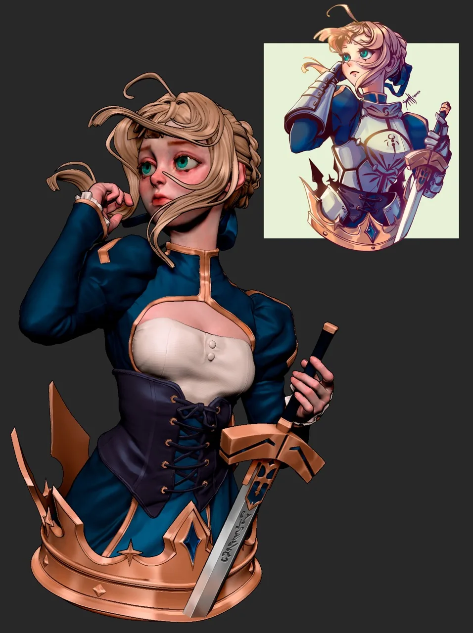 Saber 3D 半身像与 2024 年原始概念设计对照 左侧为完成的 Saber 3D 半身像,画面右上角为 2024 年绘制的 Saber 全身铠甲概念插画