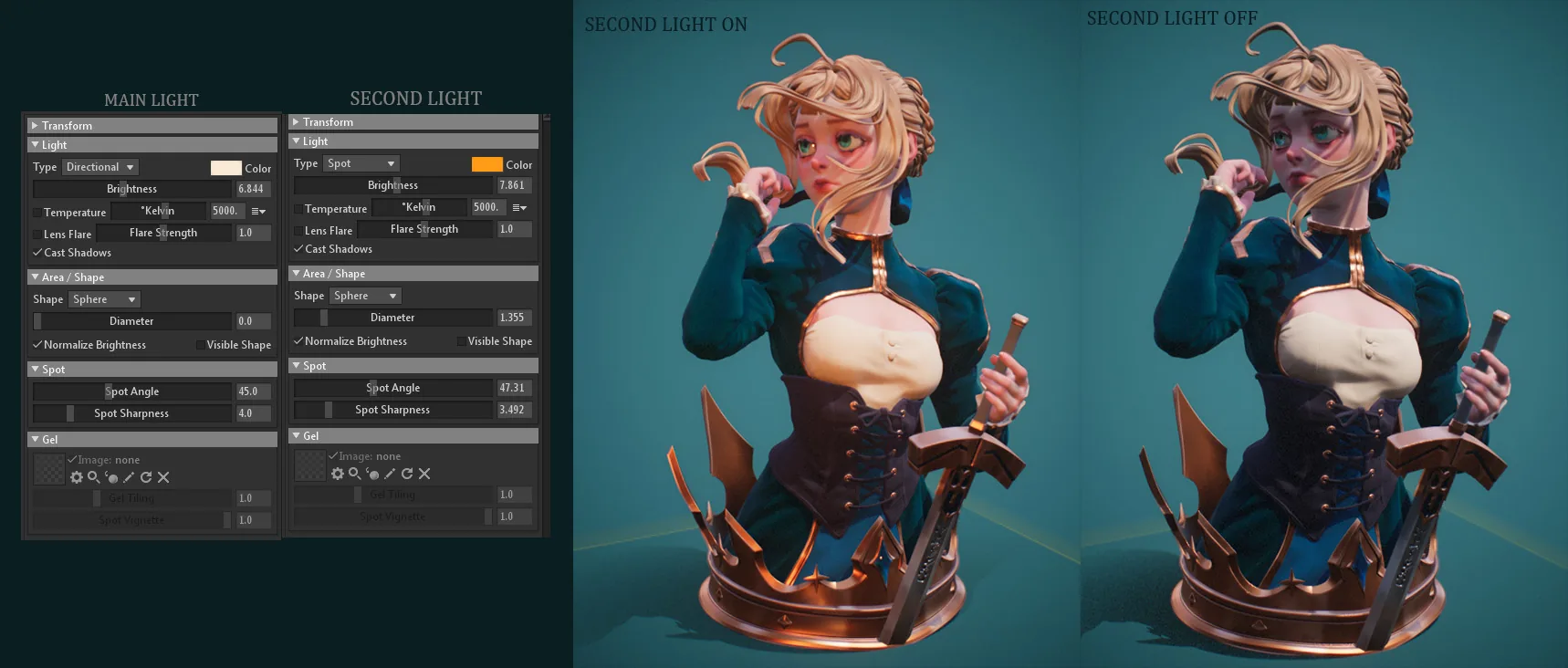 Marmoset Toolbag 灯光设置与辅光开关对比 左侧为 Marmoset Toolbag 的 Main Light(方向光)与 Second Light(聚光灯)参数面板,右侧为 Second Light On 与 Second Light Off 两张渲染效果对比图
