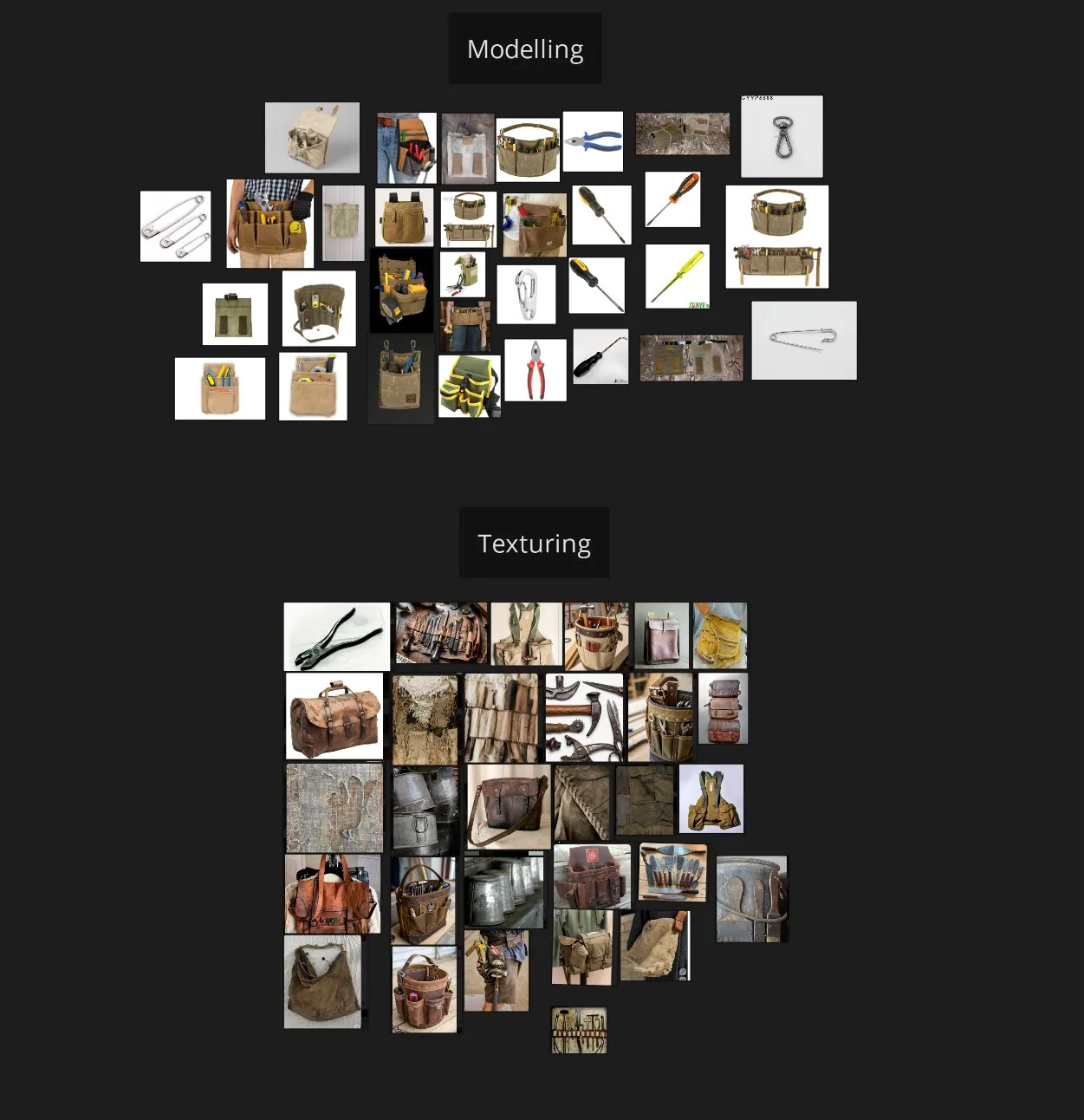 参考图板 分为 Modeling 与 Texturing 两栏的参考图板,密集排列着实拍工具与帆布包的图片