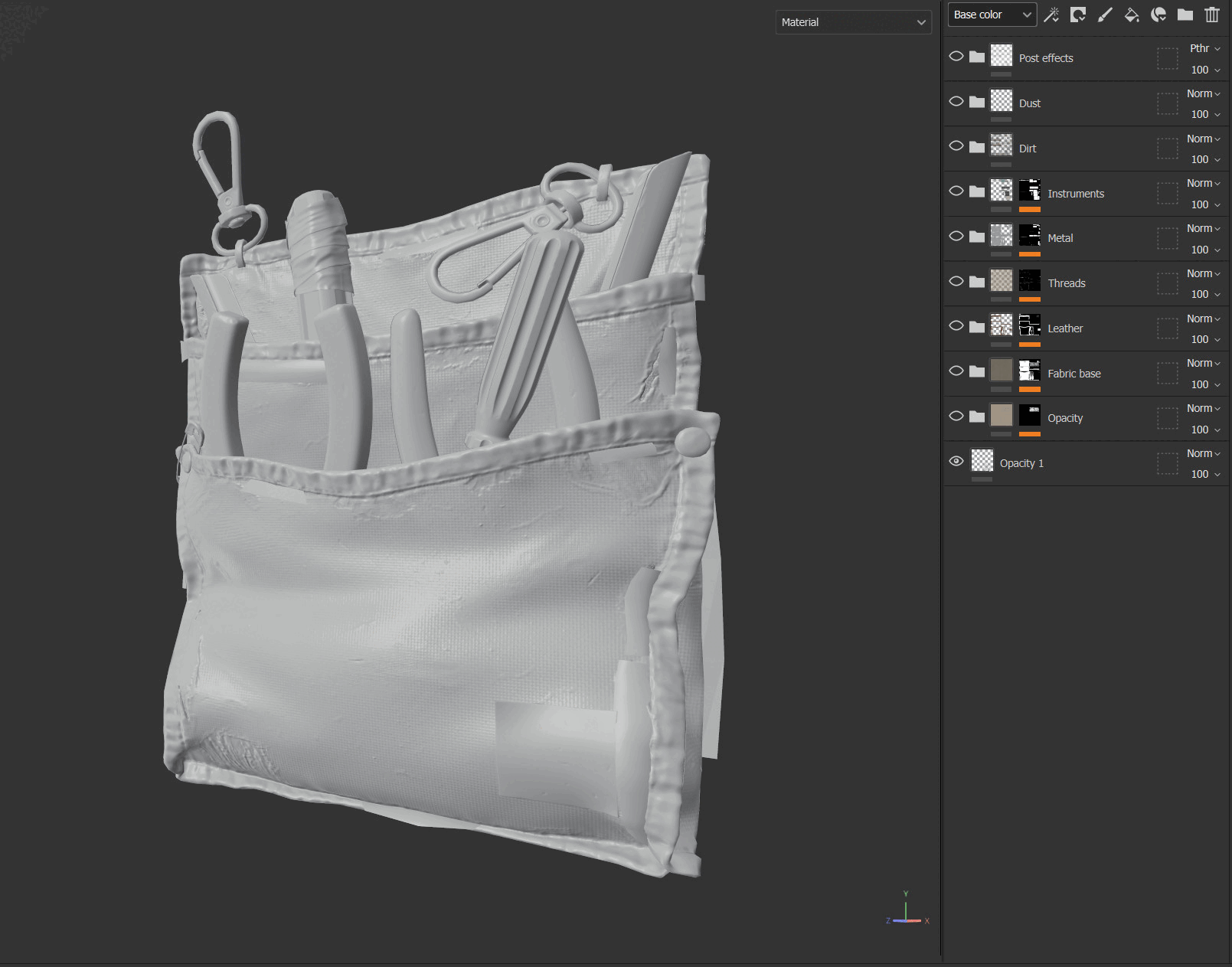 基础材质铺底 Substance 3D Painter 中帆布包的基础材质铺底,右侧是图层堆栈