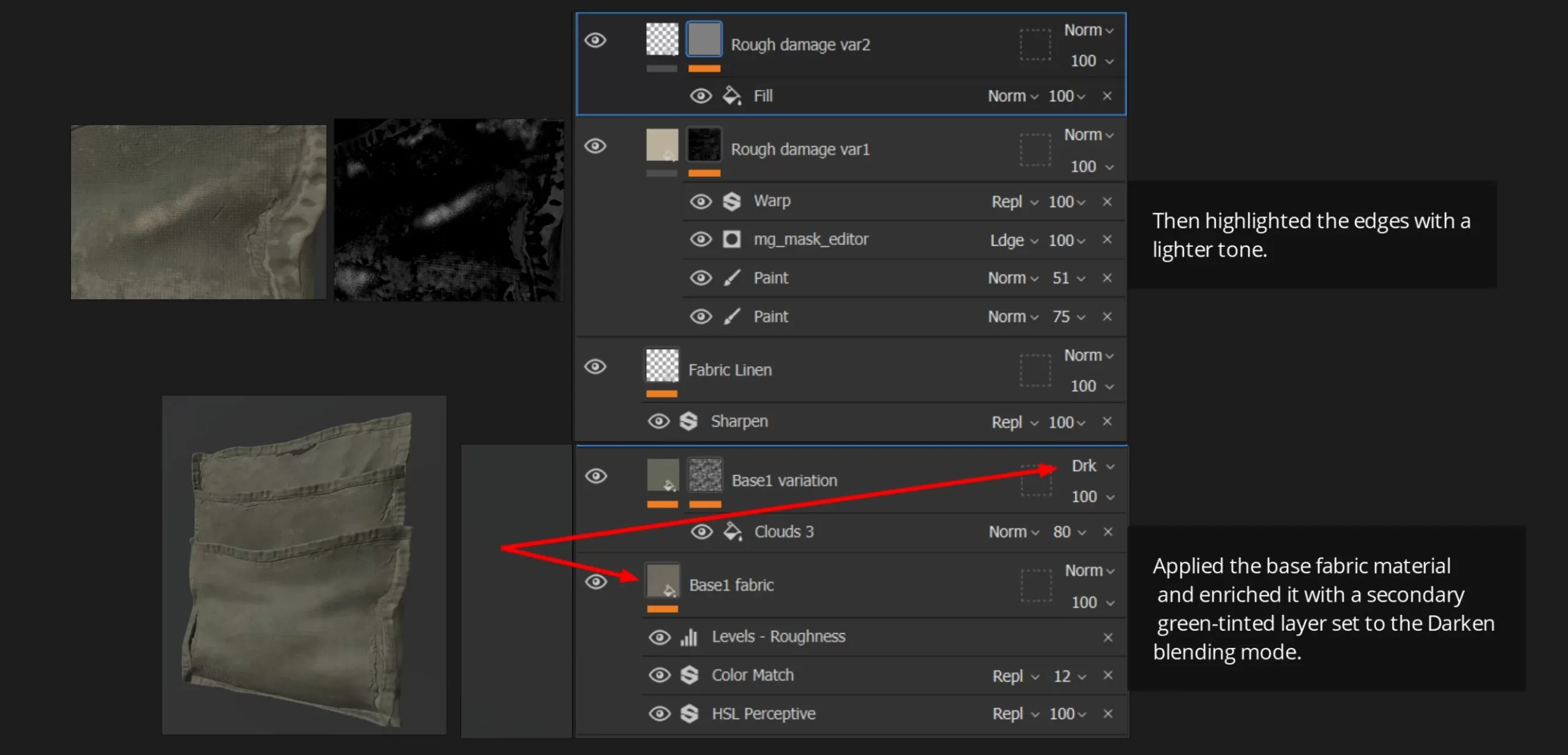 布料与边缘的图层设置 Substance 3D Painter 的图层截图,红色标注说明边缘提亮与布料底色层的做法
