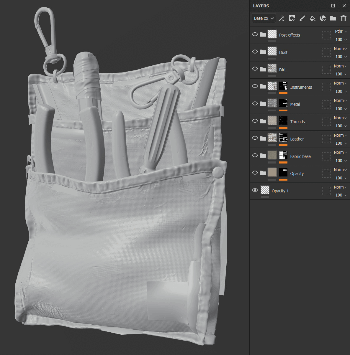 Painter 中的最终效果 Substance 3D Painter 中完成贴图后的帆布包与工具