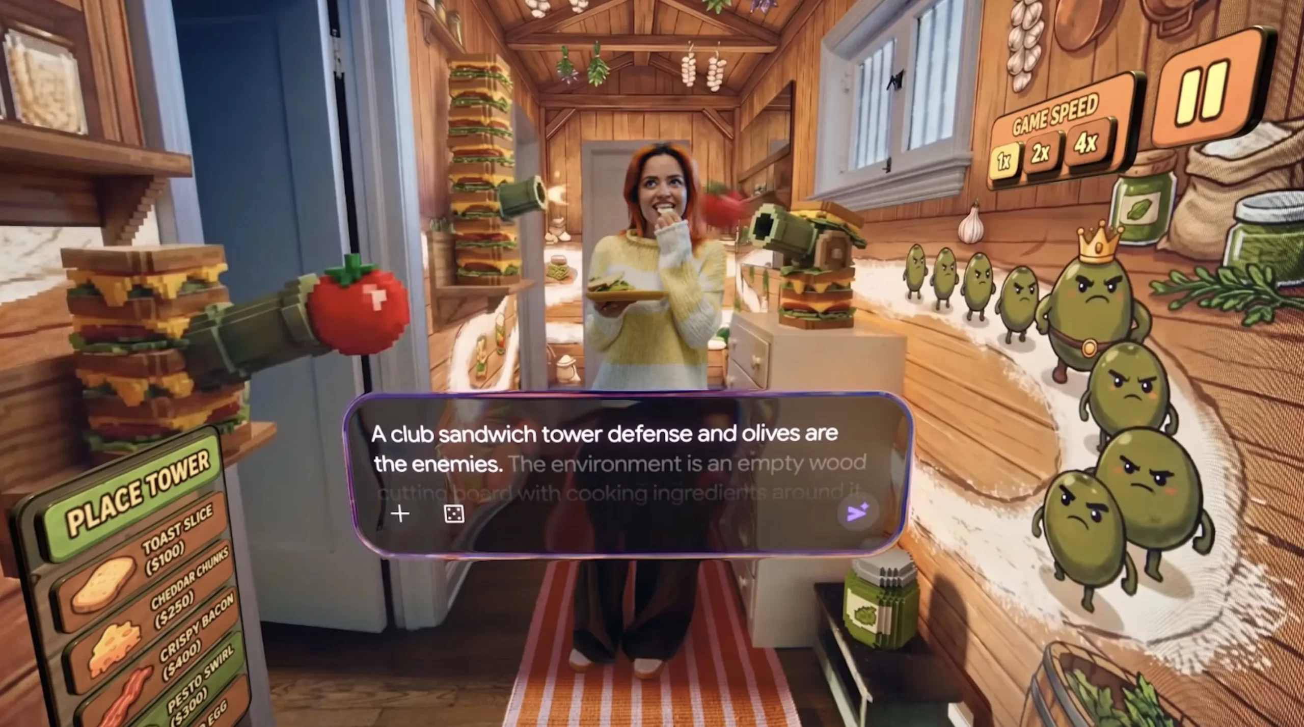 Playground 中的游戏画面 Google Playground 里的一个 3D 游戏场景,卡通角色站在方块搭成的房间里,画面中央是对话提示