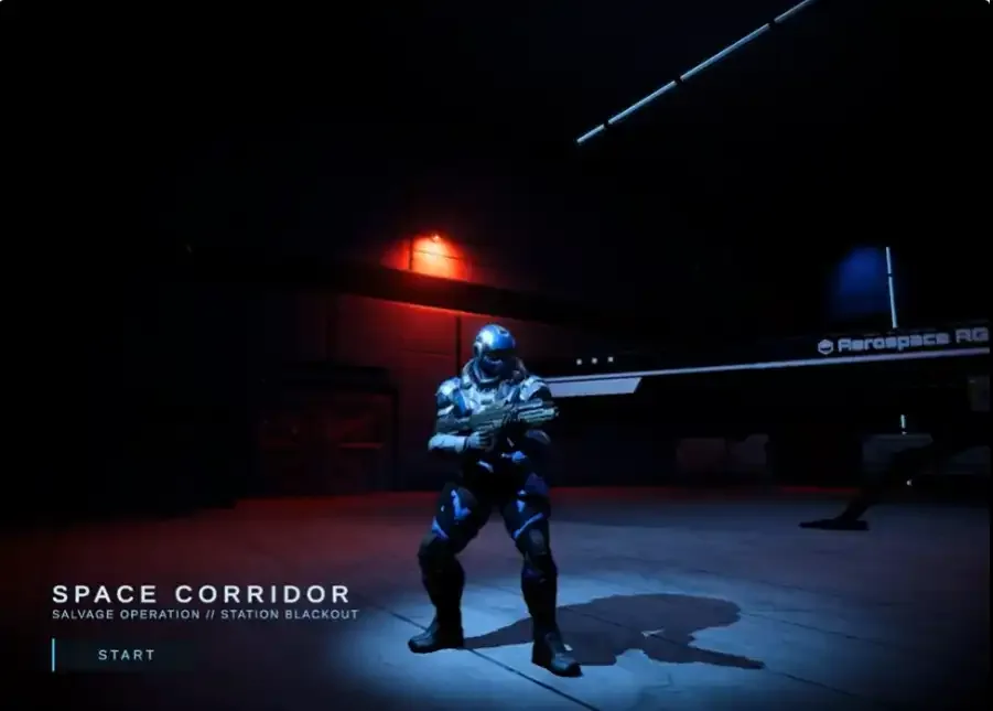 《Space Corridor》游戏画面 《Space Corridor》的画面,玩家在昏暗的飞船走廊中持枪前进