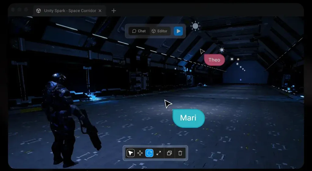 Unity Spark 的网页编辑器 Unity Spark 的网页编辑器界面,上方可切换 Chat 与 Editor,并排列着对象选择、移动等工具