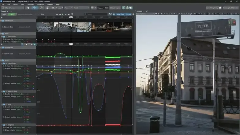 Sequencer 时间轴编辑界面 Unigine 2.22 新增的 Sequencer 时间轴,动画曲线与场景预览放在同一界面