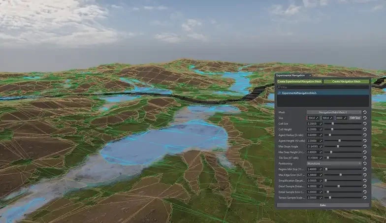 由地形烘焙的导航网格 从 Landscape 地形直接烘焙出来的导航网格(Navigation Mesh)