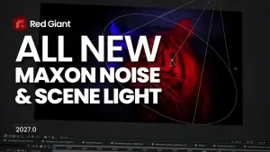 Red Giant 2027 解说视频主视觉 All New Maxon Noise &Amp; Scene Light 字样与被红色灯光照亮的 Tiger 场景