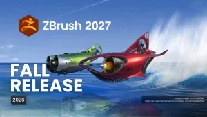 ZBrush 2027 版本主视觉 Zbrush 2027 主视觉: Fall Release 字样与红色飞船和火箭