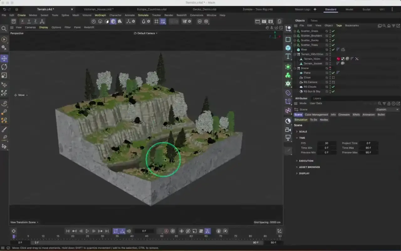 Cinema 4D 的 Scatter Generator 散布场景 Cinema 4D 视口中的散布场景:山坡地形上散布着岩石与树木,右侧是 Scatter Generator 的参数面板