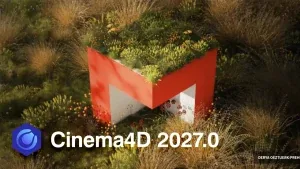 Cinema 4D 2027.0 版本主视觉 Cinema 4D 2027.0 主视觉:苔藓地面上的红色 Cinema 4D 立体标志