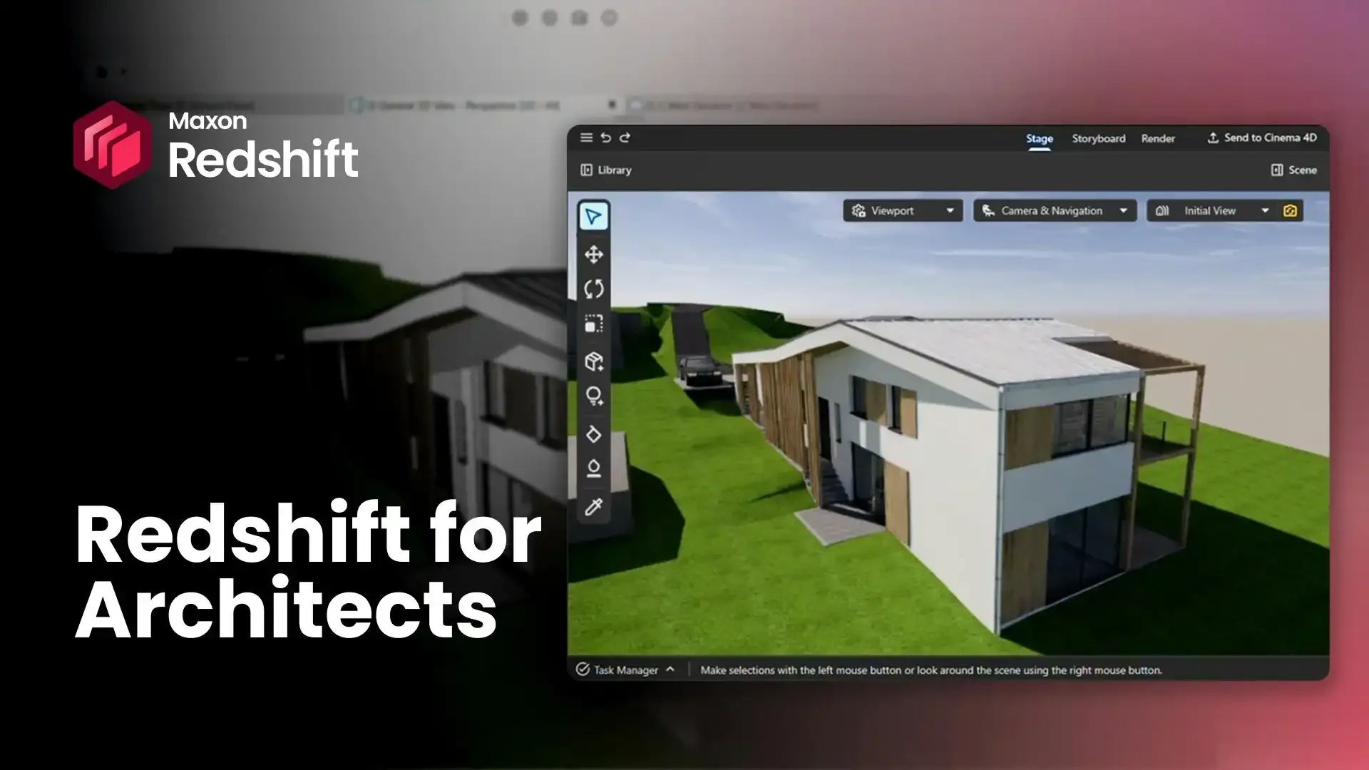 Redshift for Architects 界面 Redshift For Architects 的界面,右上角有 Send To Cinema 4D 按钮,画面是建筑可视化场景